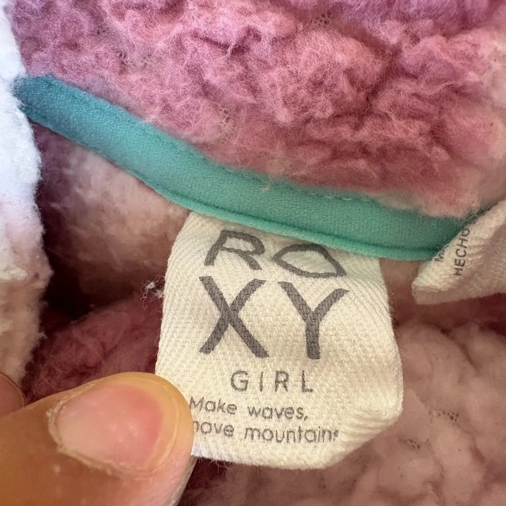 Roxy Shacket Girls XL Pink White Plaid Logo Sherpa Faux Fur Pockets READ